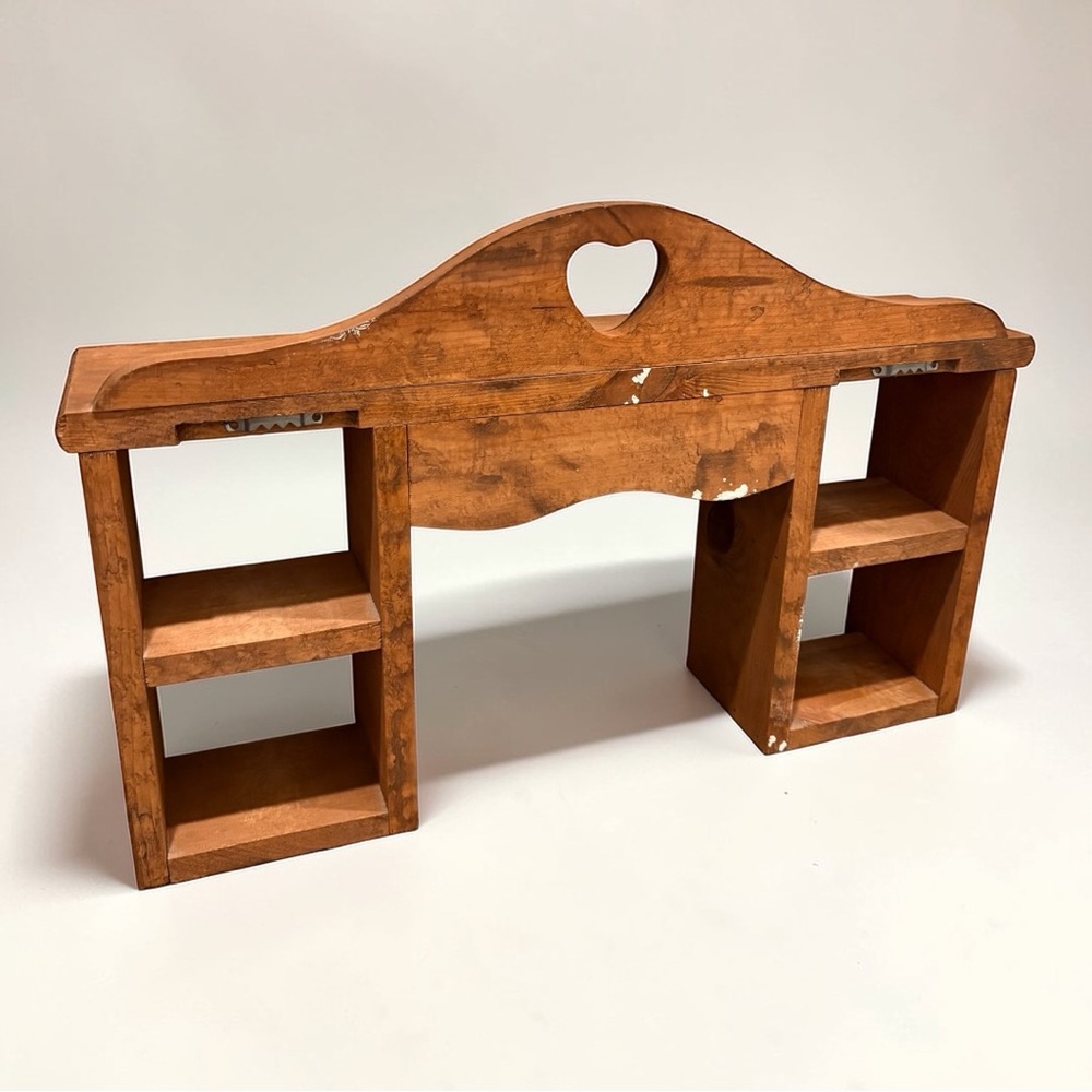 Vtg 1980 Heart Cutout Solid Wood Wall Display Shelf Organizer W/ Hooks & Cubbies - Picture 7 of 16